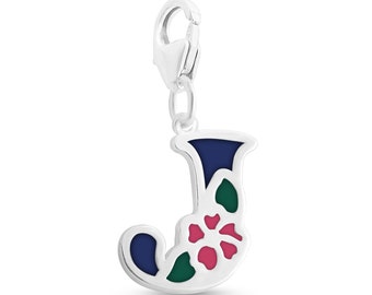 Enameled Initial Letter J with Flower Multi Colors Charm Pendant with a Lobster Claw Clasp #925 Sterling Silver #Azaggi P0854S_J_pc