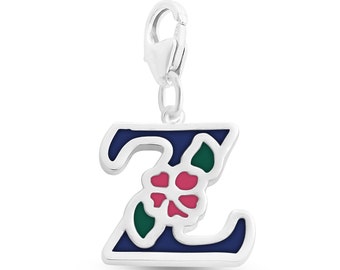 Enameled Initial Letter Z with Flower Multi Colors Charm Pendant with a Lobster Claw Clasp #925 Sterling Silver #Azaggi P0854S_Z_pc