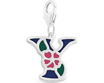 Enameled Initial Letter Y with Flower Multi Colors Charm Pendant with a Lobster Claw Clasp #925 Sterling Silver #Azaggi P0854S_Y_pc