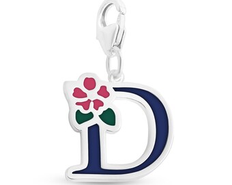 Enameled Initial Letter D with Flower Multi Colors Charm Pendant with a Lobster Claw Clasp #925 Sterling Silver #Azaggi P0854S_D_pc