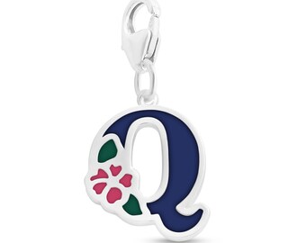 Enameled Initial Letter Q with Flower Multi Colors Charm Pendant with a Lobster Claw Clasp #925 Sterling Silver #Azaggi P0854S_Q_pc