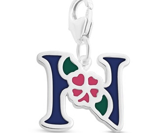 Enameled Initial Letter N with Flower Multi Colors Charm Pendant with a Lobster Claw Clasp #925 Sterling Silver #Azaggi P0854S_N_pc