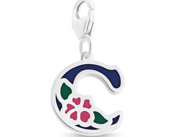 Enameled Initial Letter C with Flower Multi Colors Charm Pendant with a Lobster Claw Clasp #925 Sterling Silver #Azaggi P0854S_C_pc