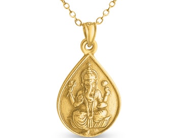 Ganesha Elephant God Teardrop Om Omh Symbol Double Sided Charm Pendant Necklace #14K Gold Plated over 925 Sterling Silver  N0371G