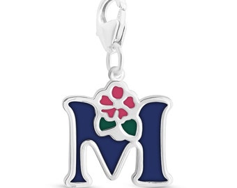 Enameled Initial Letter M with Flower Multi Colors Charm Pendant with a Lobster Claw Clasp #925 Sterling Silver #Azaggi P0854S_M_pc