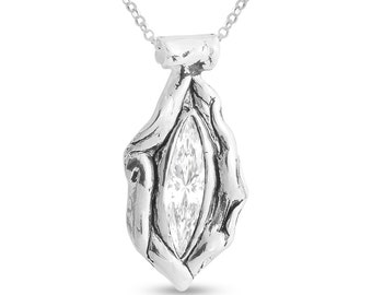 Valentains dayClear Marquise Shaped Cubic Zirconia Stone Abstract Pendant Necklace 925 Sterling Silver  N0331S_white