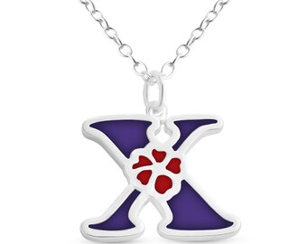 Purple Enameled Initial Letter X with Flower Multi Colors Charm Pendant Necklace 925 Sterling Silver New Year N0854S_X_V3