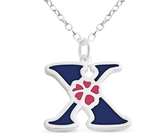 Blue Enameled Initial Letter X with Flower Multi Colors Charm Pendant Necklace 925 Sterling Silver New Year N0854S_X_V1