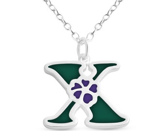 Green Enameled Initial Letter X with Flower Multi Colors Charm Pendant Necklace 925 Sterling Silver New Year N0854S_X_V2