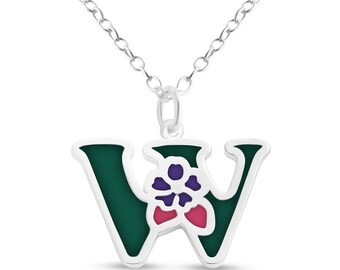 Green Enameled Initial Letter W with Flower Multi Colors Charm Pendant Necklace 925 Sterling Silver New Year N0854S_W_V2