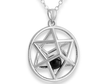 3D Star of David with Synthetic Black Onyx Bead Jewish Religious Symbol Charm Pendant Necklace 925 Sterling Silver  N0736S_black