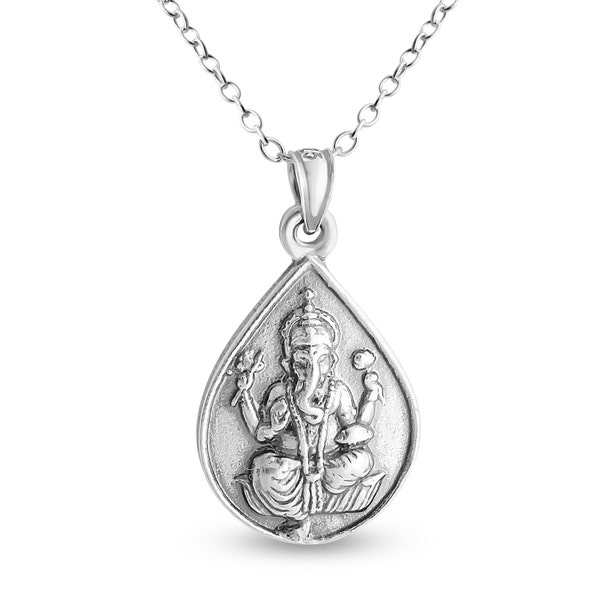 Ganesha Elephant God Teardrop Om Symbol Spiritual Hindu Religious Double Sided Charm Pendant Necklace 925 Sterling Silver  N0371S