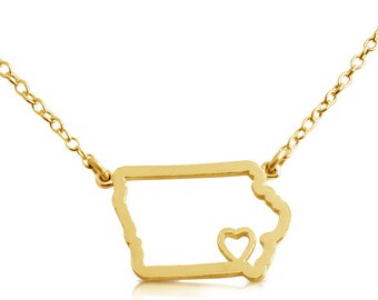 Iowa Home is Where The Heart Is IA State American Charm Pendant Necklace #14K Gold Plated over 925 Sterling Silver  N0628G_IA