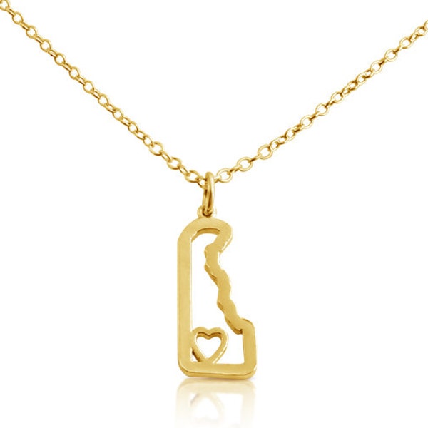 Delaware Home is Where The Heart Is DE State American Charm Pendant Necklace #14K Gold Plated over 925 Sterling Silver  N0628G_DE