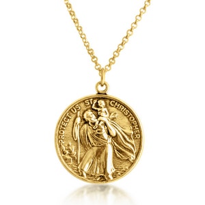 St. Christopher Protector of Travelers Medallion Pendant Necklace #14K Gold Plated over 925 Sterling Silver New Year N0630G