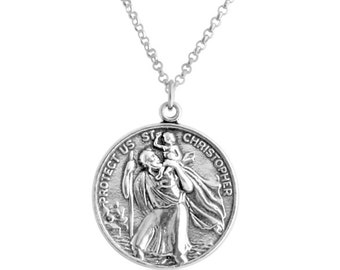 Saint Christopher Protector of Travelers Religious Medallion Pendant Necklace 925 Sterling Silver  N0630S
