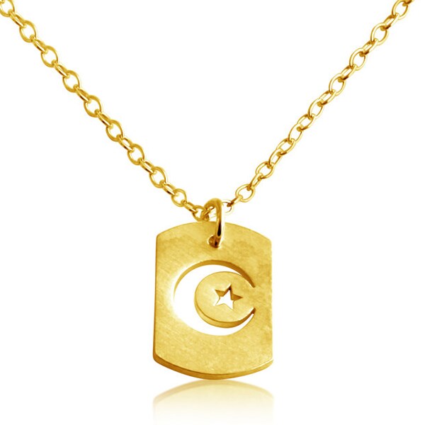 Crescent Moon & Star Outline Celestial Symbol Muslim Dog Tag Charm Pendant Necklace #14K Gold Plated over 925 Sterling Silver #Azaggi N0696G