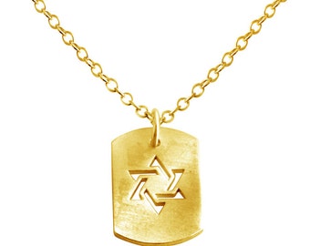 Star of David Jewish Religious Symbol Hexagram Shape Dog Tag Charm Pendant Necklace #14K Gold Plated over 925 Sterling Silver #Azaggi N0704G