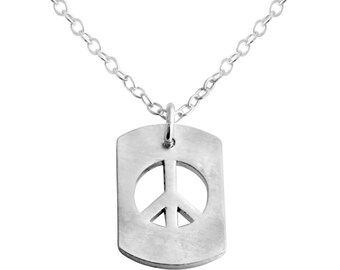 Peace Sign Hippie Symbol Dog Tag Charm Pendant Necklace 925 Sterling Silver  N0706S