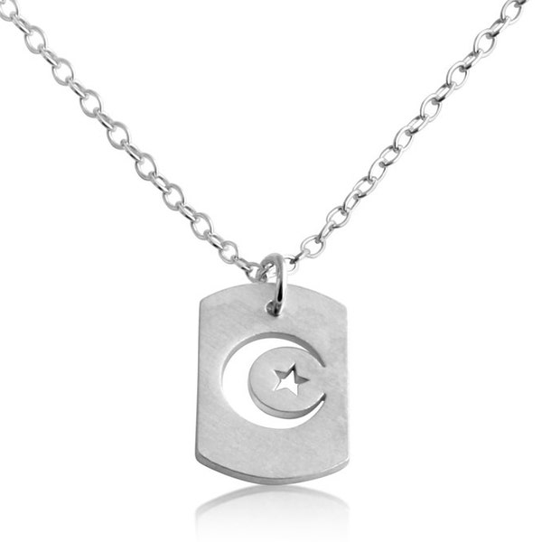 Crescent Moon and Star Outline Celestial Symbols Night Sky Islamic Muslim Dog Tag Charm Pendant Necklace 925 Sterling Silver #Azaggi N0696S