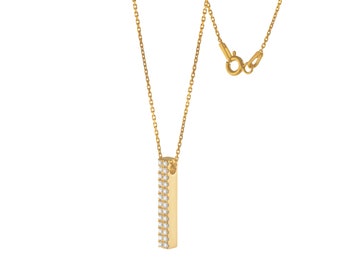 Vertical Pave Bar Necklace 14K Solid Gold 26 Diamonds VS 1.5 mm Round Cut Diamonds Pendant N0892YG