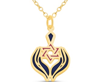 Blue Enameled Hands Holding Star of David Jewish Charm Pendant Necklace #14K Gold Plated over 925 Sterling Silver New Year N0854G_Star_V1