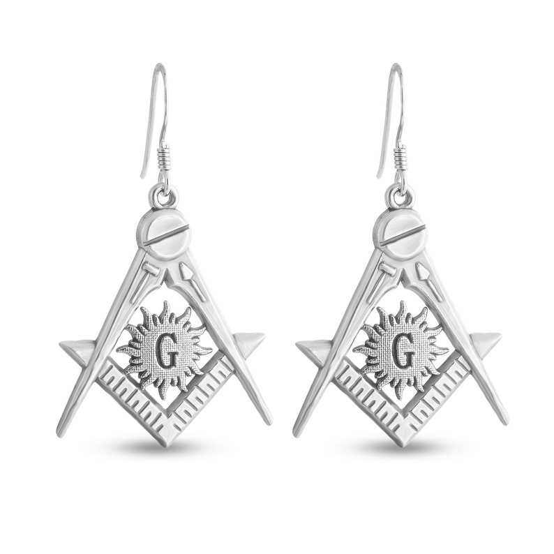 Masonic Compass And Square Freemason Drop Dangle Hook Earrings #925 Sterling Silver #Azaggi E0741S