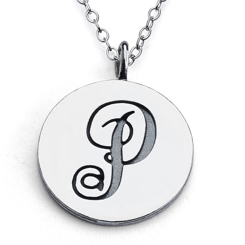 Scripted Initial Letter P Coin Charm Pendant Necklace #925 Sterling Silver #Azaggi N0428S/_P
