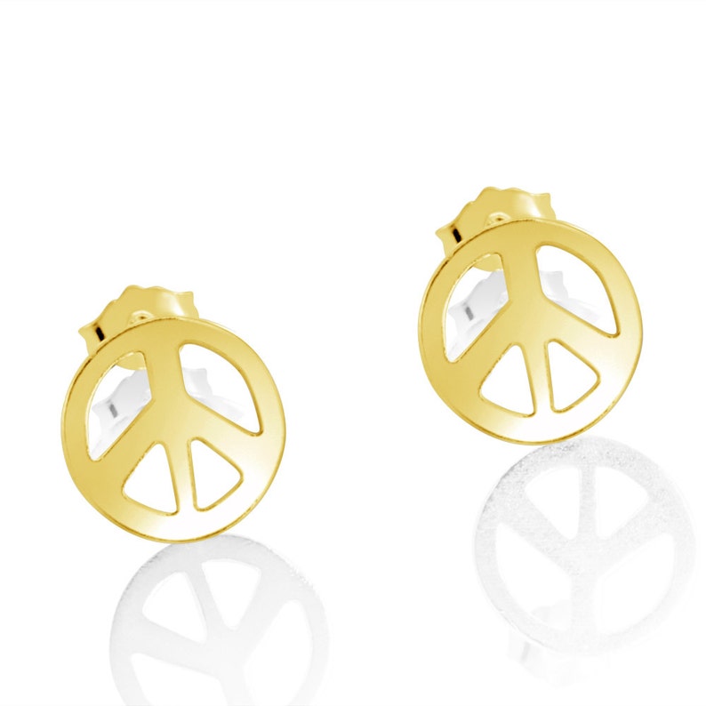 Peace Sign Hippie Symbol Stud Earrings 14K Gold Plated over 925 Sterling Silver E0716G image 1