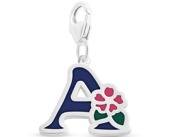 Enameled Initial Letter A with Flower Multi Colors Charm Pendant with a Lobster Claw Clasp #925 Sterling Silver #Azaggi P0854S_A_pc