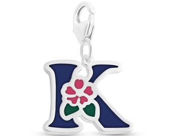 Enameled Initial Letter K with Flower Multi Colors Charm Pendant with a Lobster Claw Clasp #925 Sterling Silver #Azaggi P0854S_K_pc