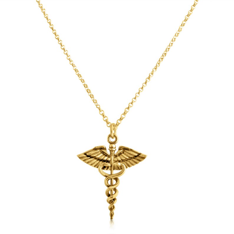 Caduceus Symbol of Medicine Charm Pendant Necklace For Doctors Nurses 14K Gold Plated 925 Sterling Silver Snake Entwined Care Life Hermes image 1