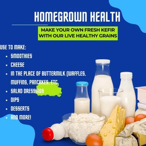 Puede incluir: Imagen que promociona Homegrown Health, con productos l&aacute;cteos como leche, queso y granos de k&eacute;fir. El texto destaca los usos del k&eacute;fir, incluyendo batidos, queso y aderezos para ensaladas. El fondo es azul vibrante.