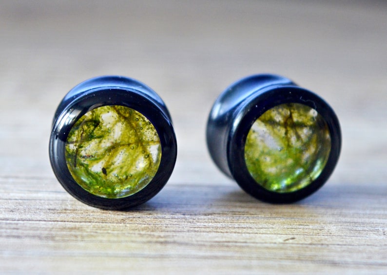 moss plugs real moss gauges green plugs floral gauges Girly plugs ear tunnels unique Gauge Plug Earrings 2g 0g 00g 12 916 58 1116 1316