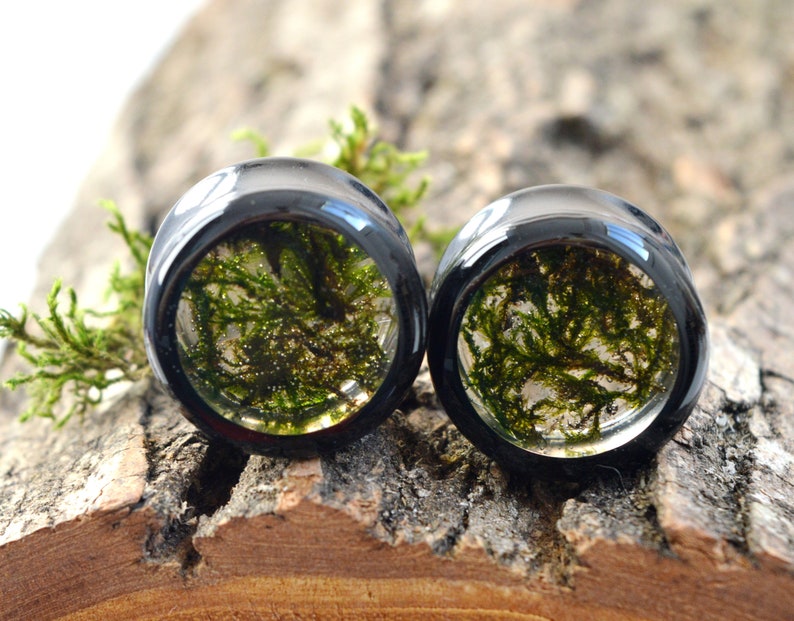 moss plugs real moss gauges green plugs floral gauges Girly plugs ear tunnels unique Gauge Plug Earrings 2g 0g 00g 12 916 58 1116 1316