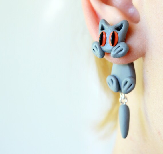 grey cat double sided stud earring jackets dangle ear jacket Etsy