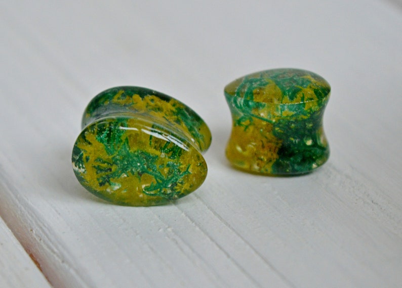 real moss plugs green yellow jewelry Real plant plug and tunnel unique Teardrop plugs Tear Drop gauges dropshaped tunnels terrarium earrings