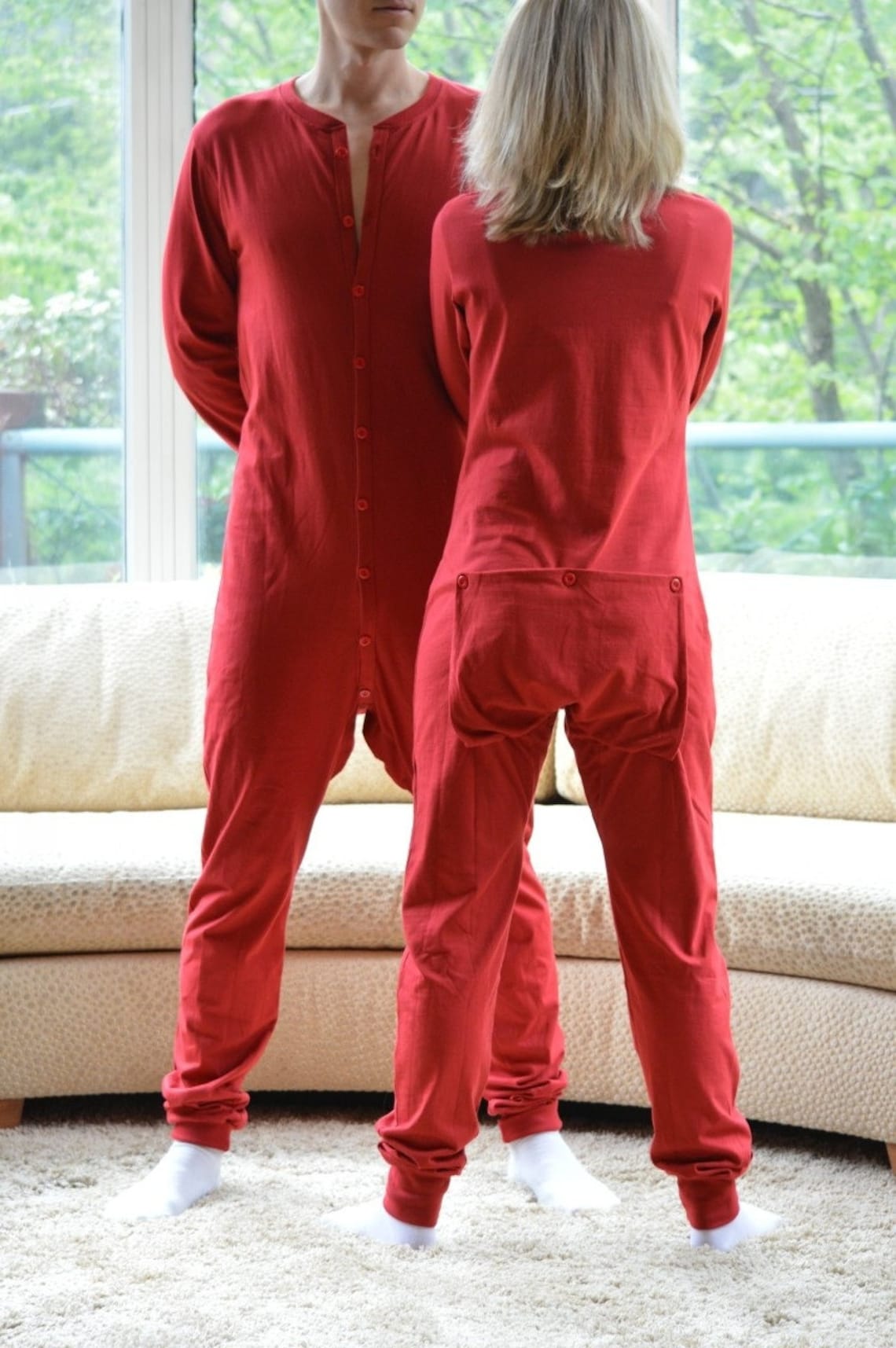 Adult one piece red long john with a square hatch. 100 Etsy