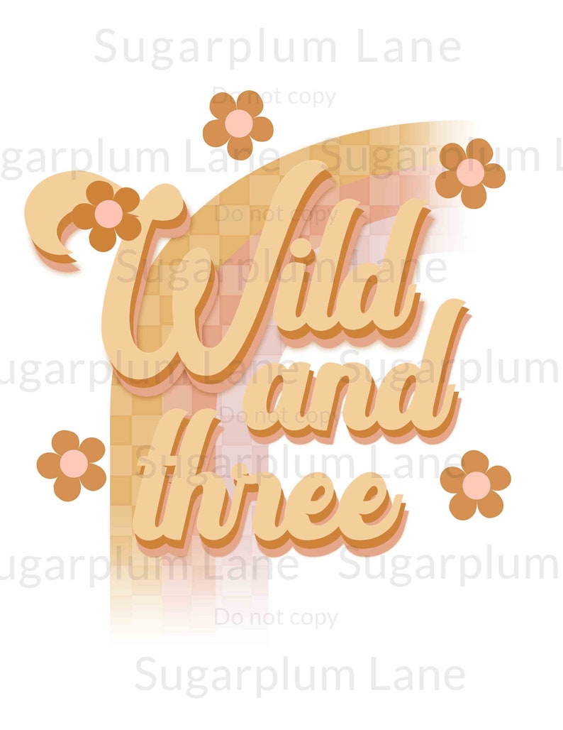 May include: A digital illustration of a retro-style graphic with the text "Wild and Three" in a peachy orange color with a peachy pink background. The text is surrounded by small peachy orange flowers with pink centers.