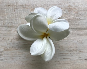 Plumeria Hair Clip Two Frangipani White Realistic Silk Flower Mermaid Costume Pin Up Surfer Girl Beach Wedding Tropical Hawaii Luau Festival