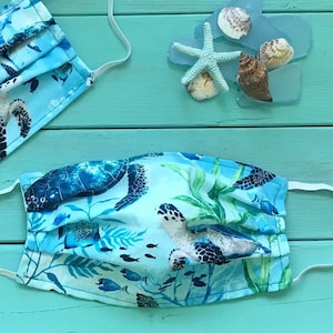 Sea Turtle Face Mask Travel Tropical Reef Under the Sea Cotton Fabric Elastic Straps Washable Fish Mermaid Beach Ocean Love Blue Green Beach