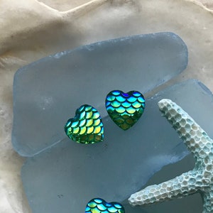 Mermaid Scale Earrings Dragon Scale Heart Blue Green Beach Jewelry Stud Post Halloween Costume Party Wedding Ocean Sea Island Surfer Girl