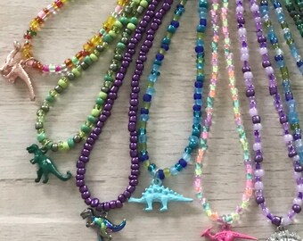 Dinosaur Necklace Tyrannosaurus Brontosaurus Stegosaurus Seed Bead Kitsch Hippie Fun Retro Preteen Teen Adult BFF Best Friend Gift