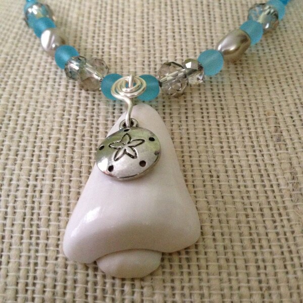 Reserved - Beach Jewelry Ocean Shell Sand Dollar Necklace Turquoise Seed Bead Summer Seashore Surfer Girl Mermaid Costume Wedding Nature