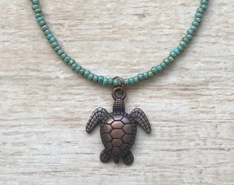 Sea Turtle Necklace Beach Jewelry Picasso Glass Seed Beads Ocean Boho Hippie Surfer Girl Island Wedding Under The Sea Honu Nature Lover Gift