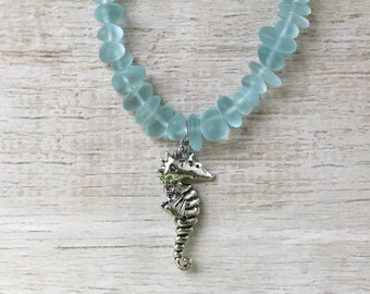 Seahorse Pendant Sea Glass Necklace Beach Jewelry Mermaid Surfer Girl Under the Sea Beach Lover Ocean Blue Nature Gift For Her Long Necklace