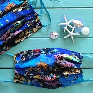 Face Mask Tropical Reef Coral Under the Sea Cotton Fabric Elastic Straps Washable Sea Turtle Colorful Fish Mermaid Beach Ocean Travel Mask