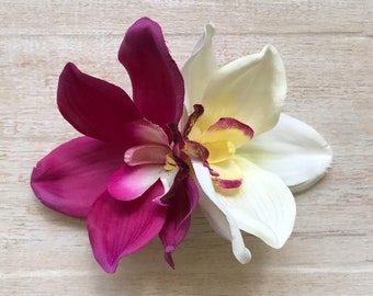 Orchid Hair Clip Double Large Flower Cymbidium Hippie Mermaid Costume Pin Up Surfer Girl Tropical Beach Wedding Hawaii Luau Tiki Music Fest