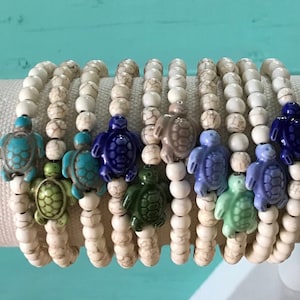 Sea Turtle Bracelet Beach Jewelry Boho Hippie Honu Beige Howlite Beads Mermaid Ocean Surfer Girl Nature Gift For Her Ocean Girl Style