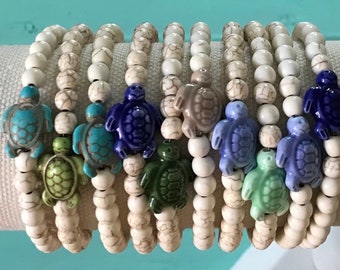 Sea Turtle Bracelet Beach Jewelry Boho Hippie Honu Beige Howlite Beads Mermaid Ocean Surfer Girl Nature Gift For Her Ocean Girl Style